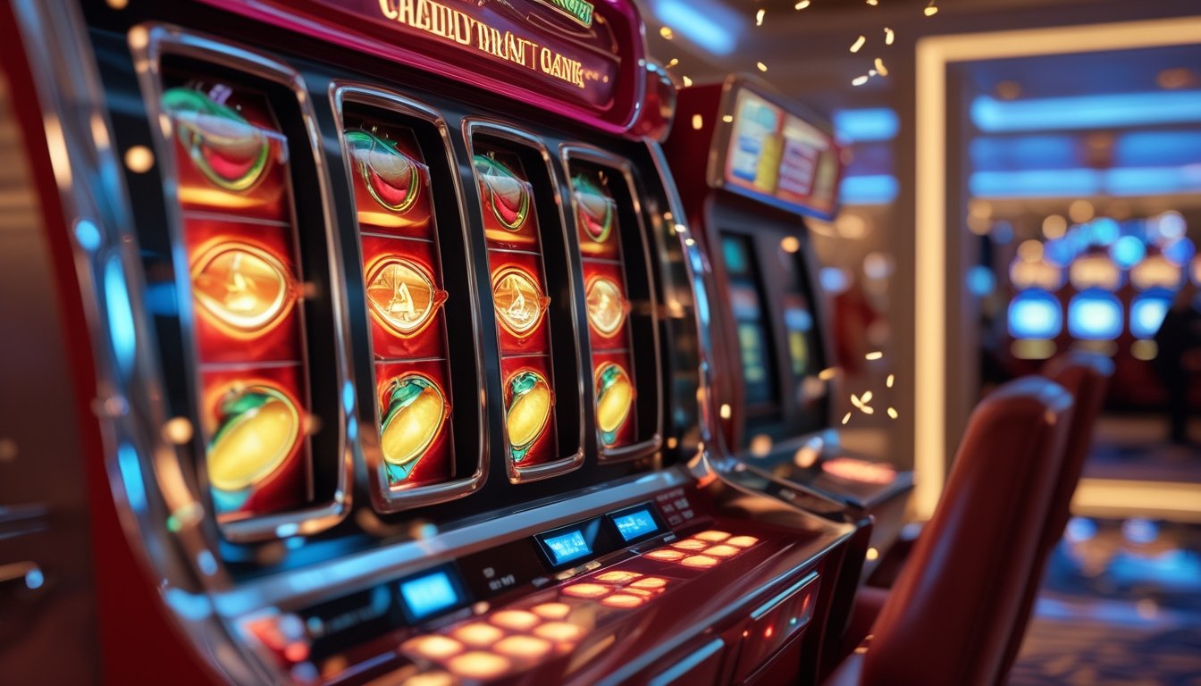 Mesin slot merah dan emas bercahaya di dalam kasino modern dengan koin berkilauan di sekitarnya.