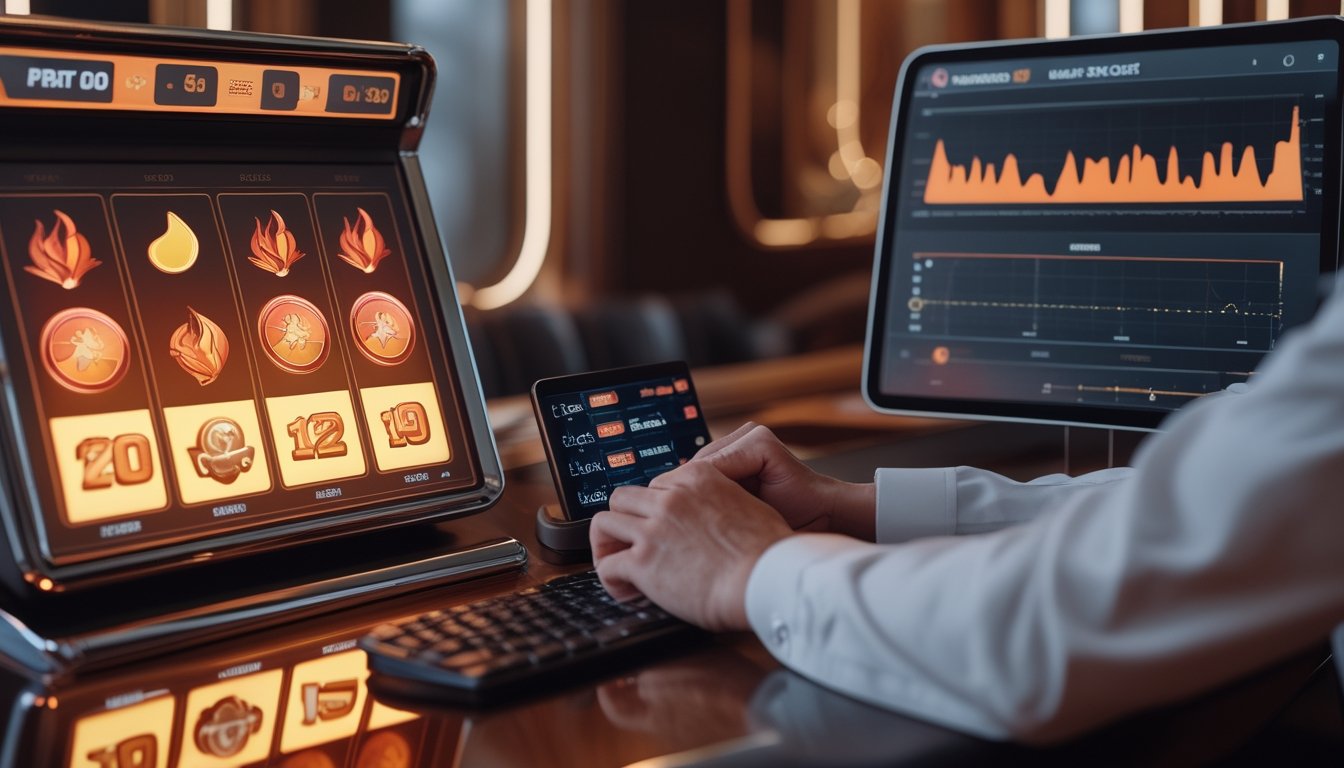 Analis meninjau grafik kinerja di samping mesin slot dalam ruang hiburan modern.