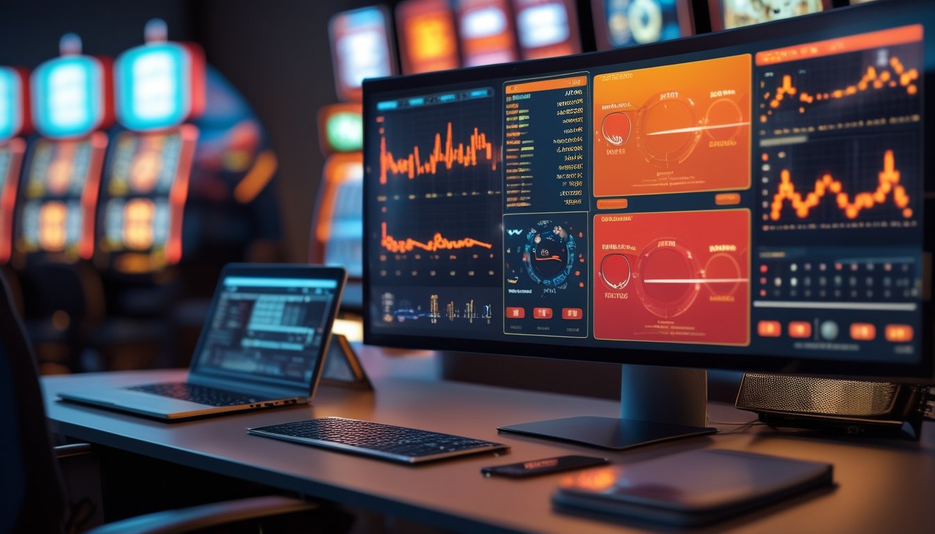 Seorang analis mempelajari grafik statistik dan indikator RTP di meja kerja modern dengan cahaya mesin slot yang samar di latar belakang.