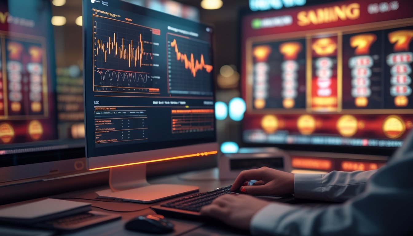 Seorang analis mengamati grafik statistik abstrak di monitor dalam lingkungan kerja modern.