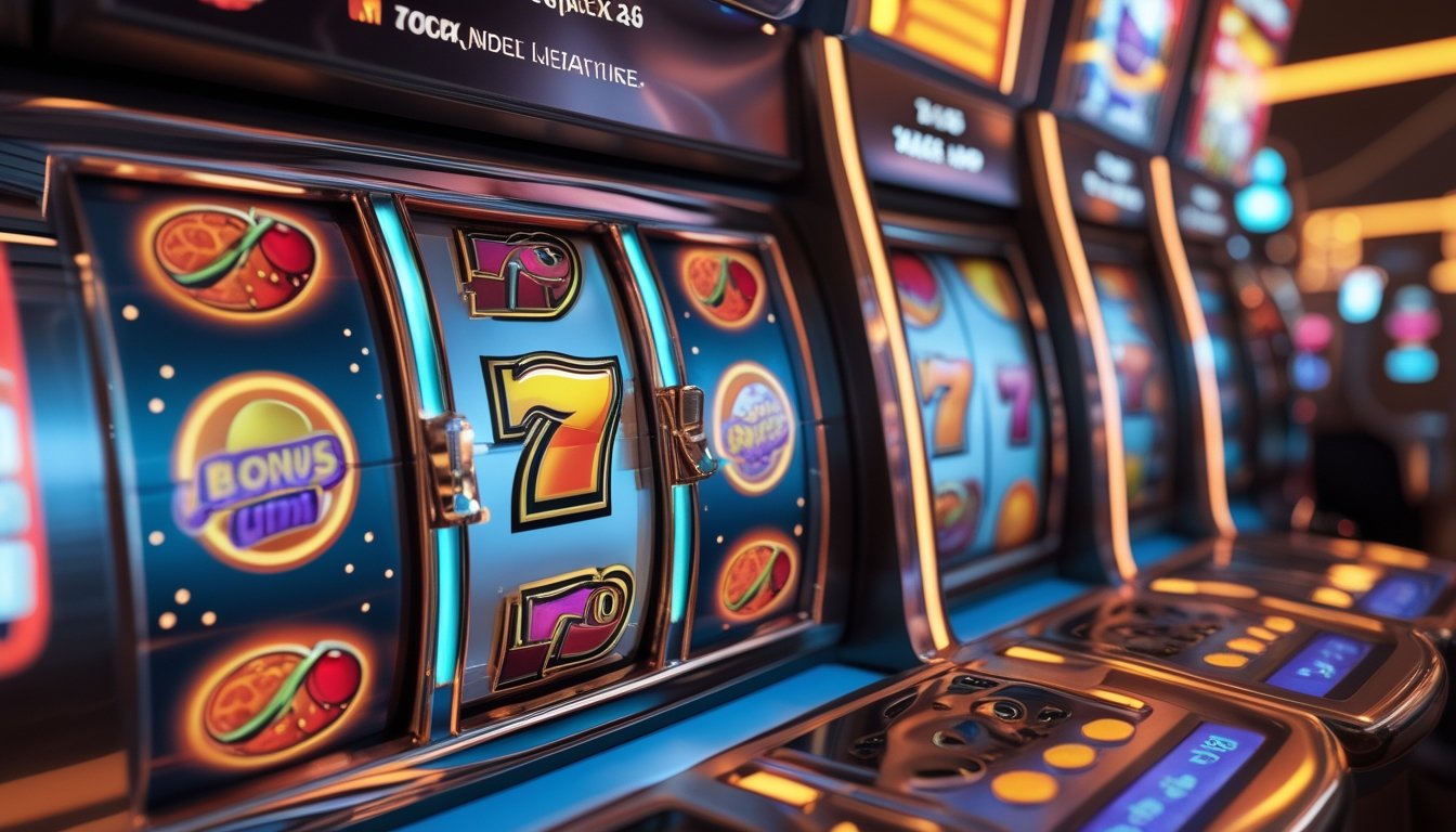 Mesin slot modern dengan simbol buah, cahaya merah keemasan, dan efek bonus yang berkilauan.