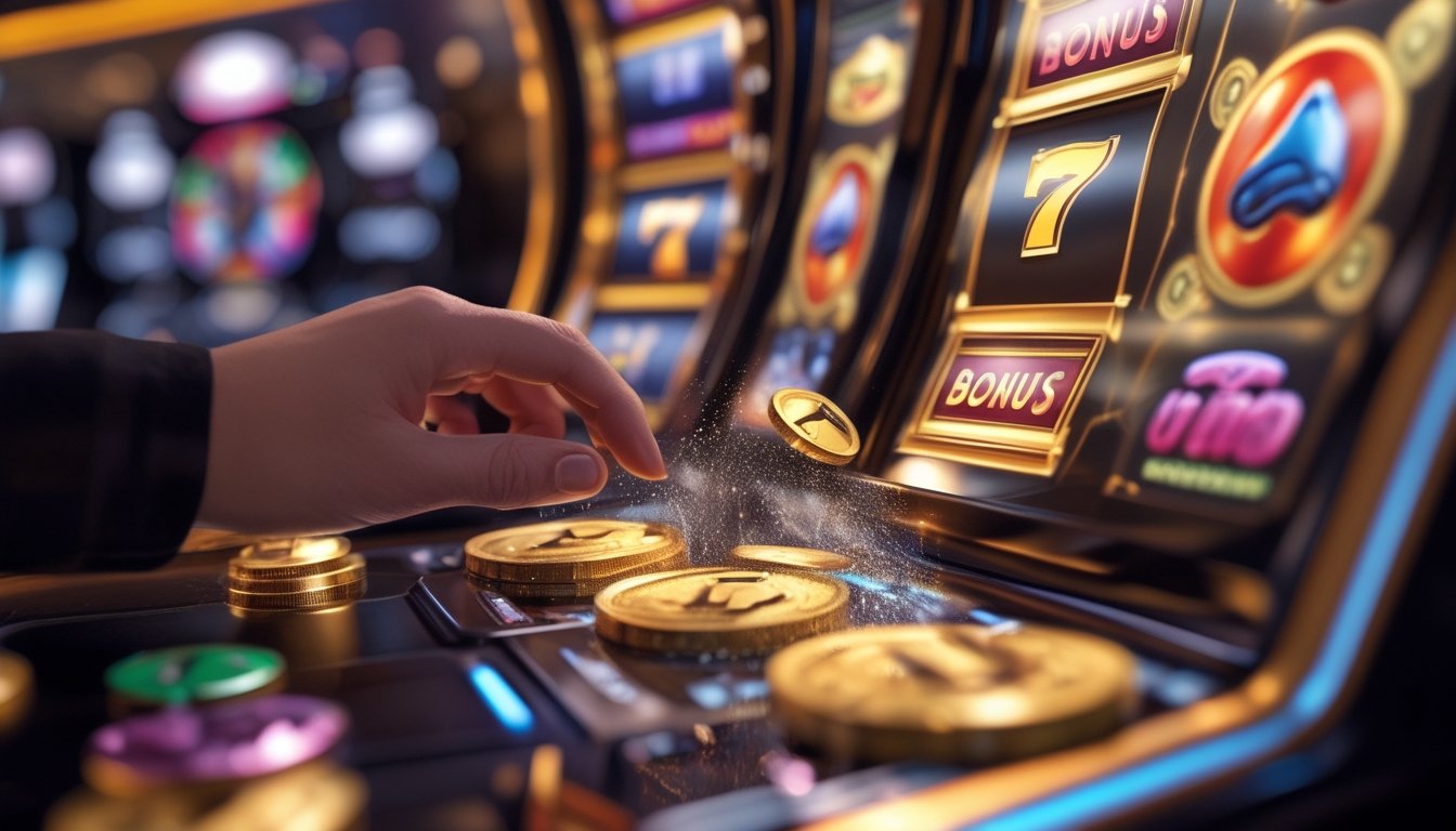 Mesin permainan digital dengan simbol buah, koin emas, dan efek cahaya bonus.