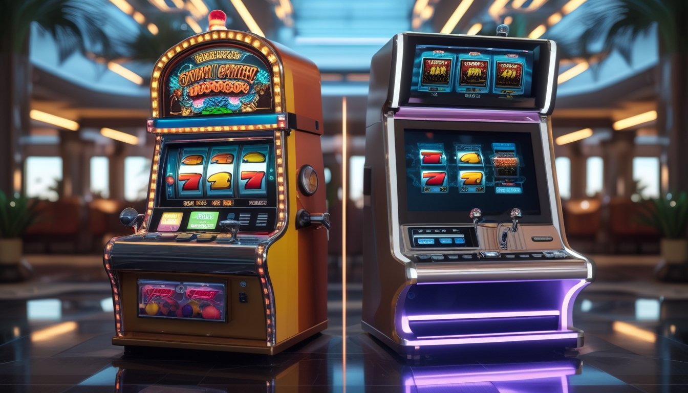 Dua mesin slot bertema tropis, satu bergaya klasik dan satu bergaya modern, berdampingan di ruang hiburan.