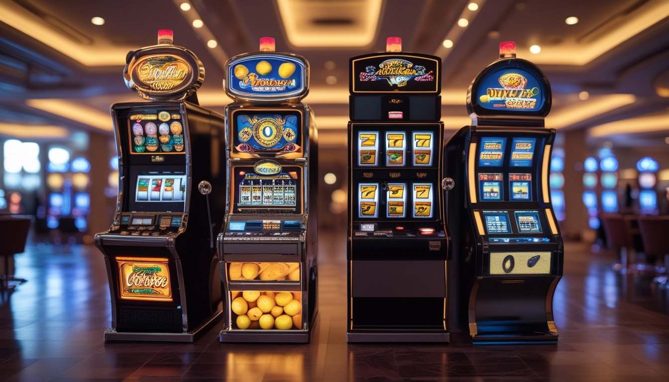 Dua mesin slot bertema buah, satu bergaya klasik dan satu bergaya modern, berdampingan di dalam kasino.