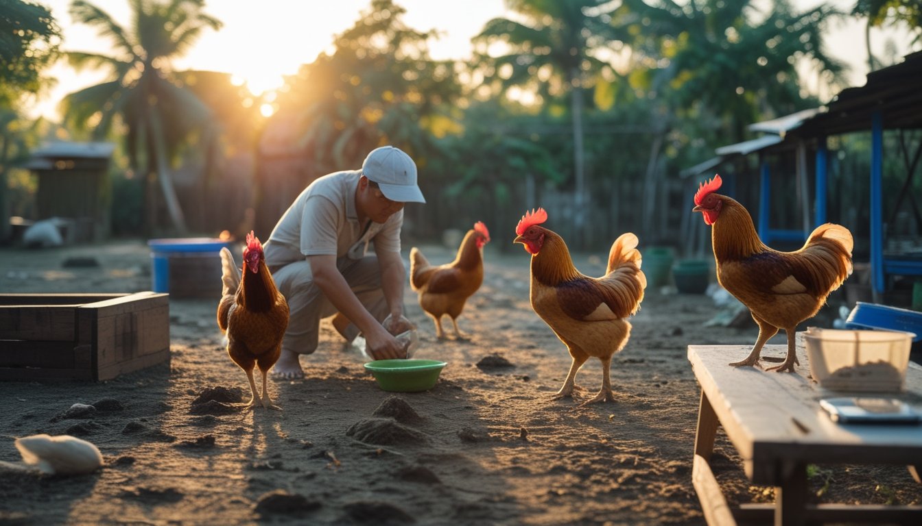 Peternak merawat beberapa ayam sehat di kandang yang bersih dengan latar pepohonan tropis.