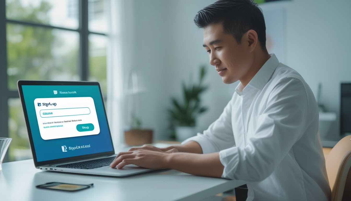 Orang dewasa menggunakan laptop dan ponsel di meja kerja dengan simbol pendaftaran akun dan pembayaran digital.