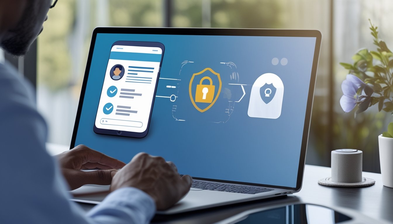 Seseorang memeriksa proses verifikasi identitas digital di meja kerja dengan laptop, ponsel, dan kartu identitas.