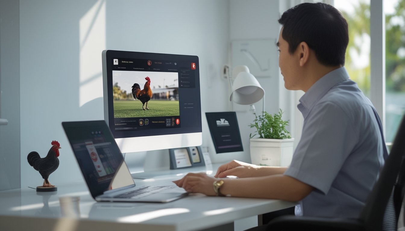 Orang dewasa melihat antarmuka pertandingan digital yang tidak terbaca di laptop dan ponsel dari ruang kerja modern.