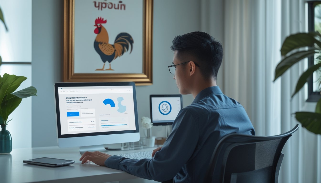 Orang dewasa meninjau antarmuka layanan digital di laptop dalam ruang kerja modern dengan ornamen ayam tradisional di latar belakang.