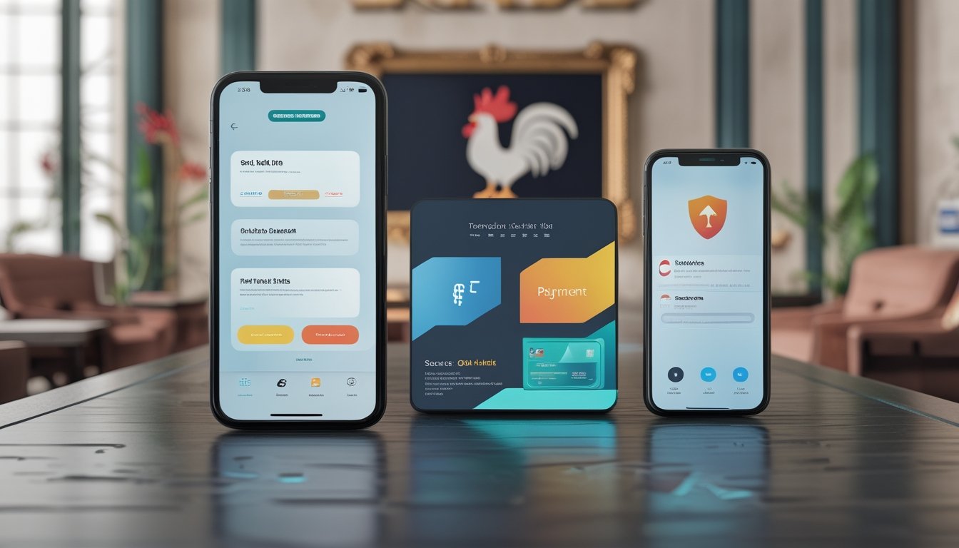 Ponsel menampilkan antarmuka hiburan digital dengan simbol pembayaran aman dan dekorasi siluet ayam jantan di latar belakang.
