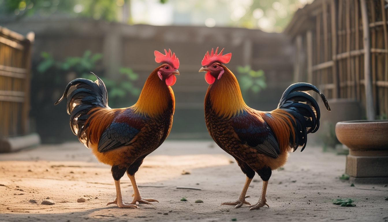 Dua ayam jantan sehat berdiri terpisah di halaman pedesaan yang diterangi cahaya pagi.