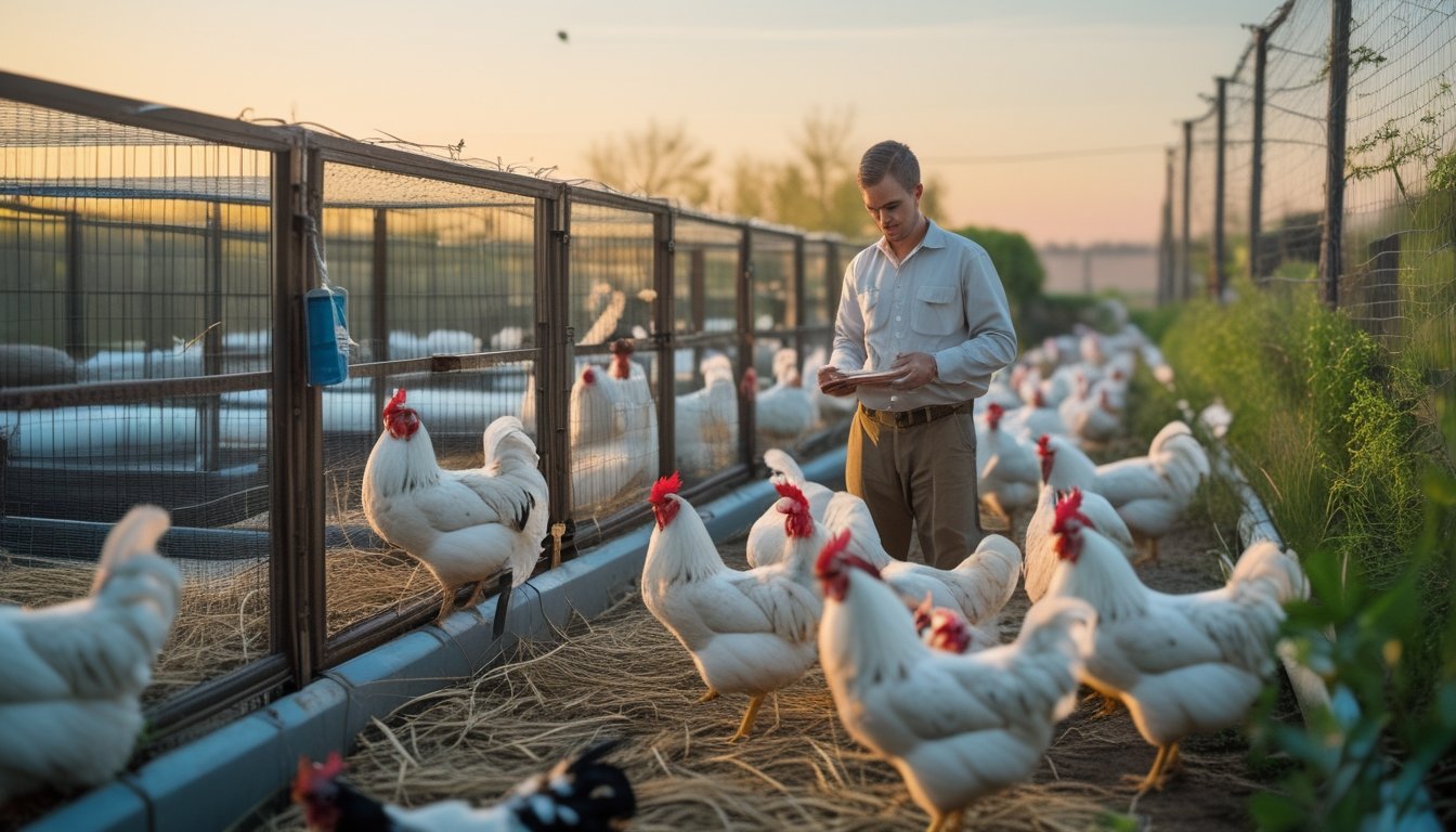 Petugas merawat beberapa ayam jantan sehat di fasilitas kandang yang bersih dan tertata.