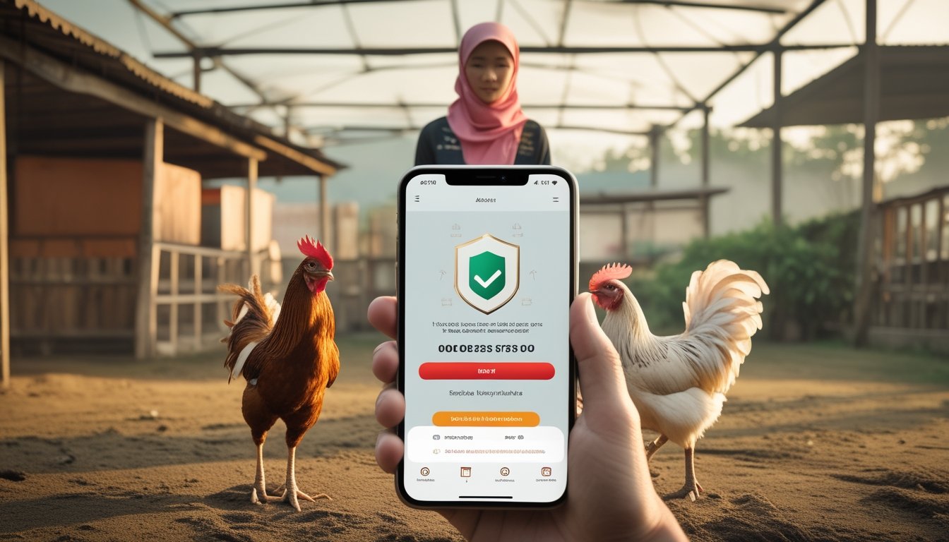 Pengurus ayam berdiri di arena terbuka dengan dua ayam sehat yang dipisahkan pagar pelindung dan ponsel dengan ikon keamanan.