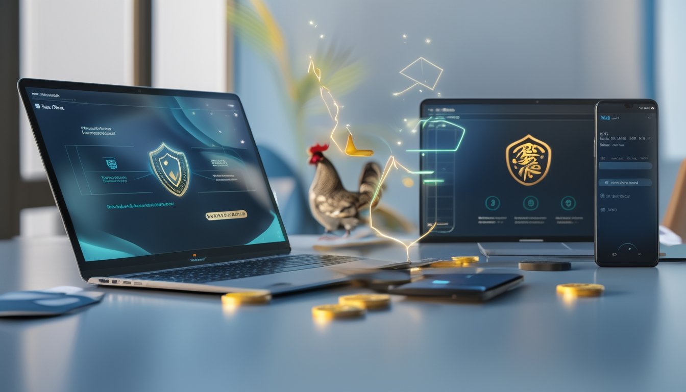 Ponsel dan laptop menampilkan konsep layanan transaksi digital yang cepat dan aman, dengan ilustrasi ayam tradisional sebagai elemen latar.
