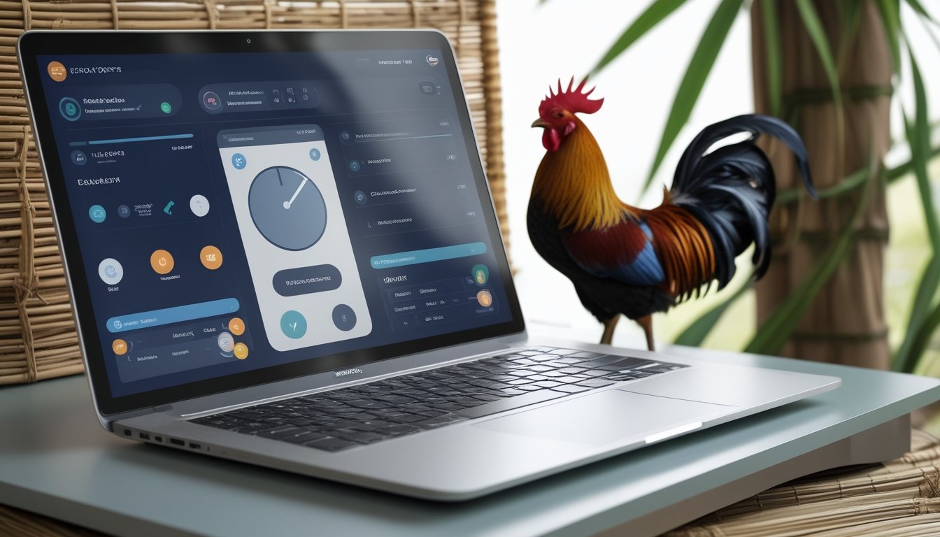Seekor ayam jantan berdiri di dekat perangkat elektronik modern di atas meja dengan latar tanaman tropis.