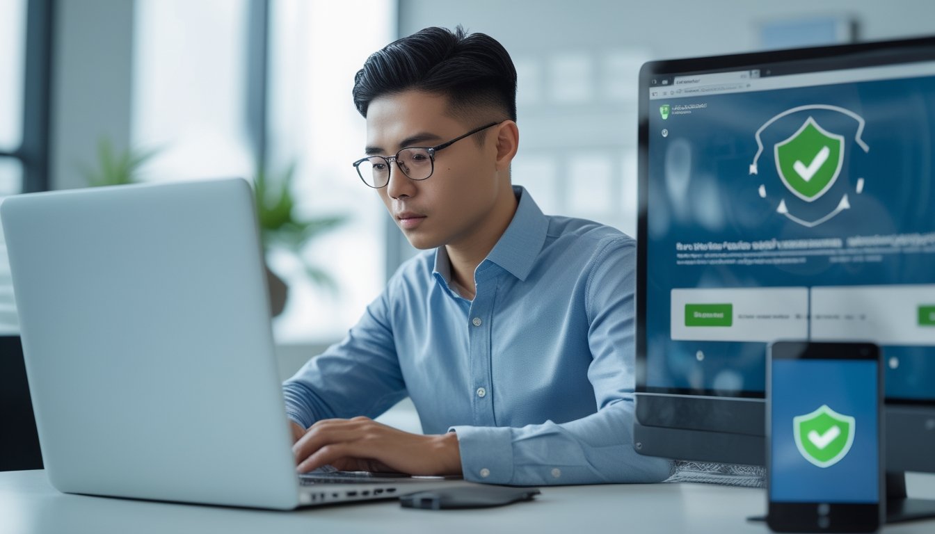 Seorang profesional memeriksa situs web aman di laptop dengan ponsel yang menampilkan tanda verifikasi.