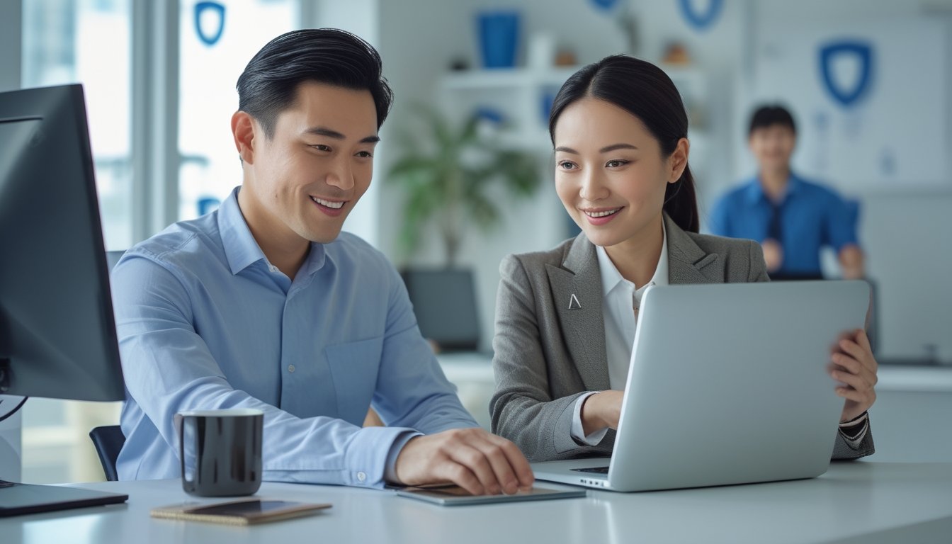 Seorang pria dan wanita menggunakan laptop dan ponsel di meja kerja dengan suasana kantor rumah yang terang.