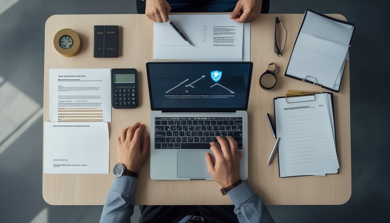 Laptop, dokumen kosong, kaca pembesar, kalkulator, dan simbol gembok di atas meja kerja.