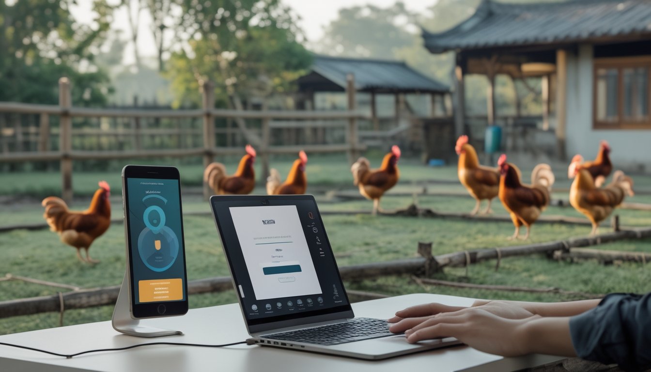 Seseorang menggunakan laptop dan ponsel di dekat halaman yang memiliki beberapa ayam jantan sehat.