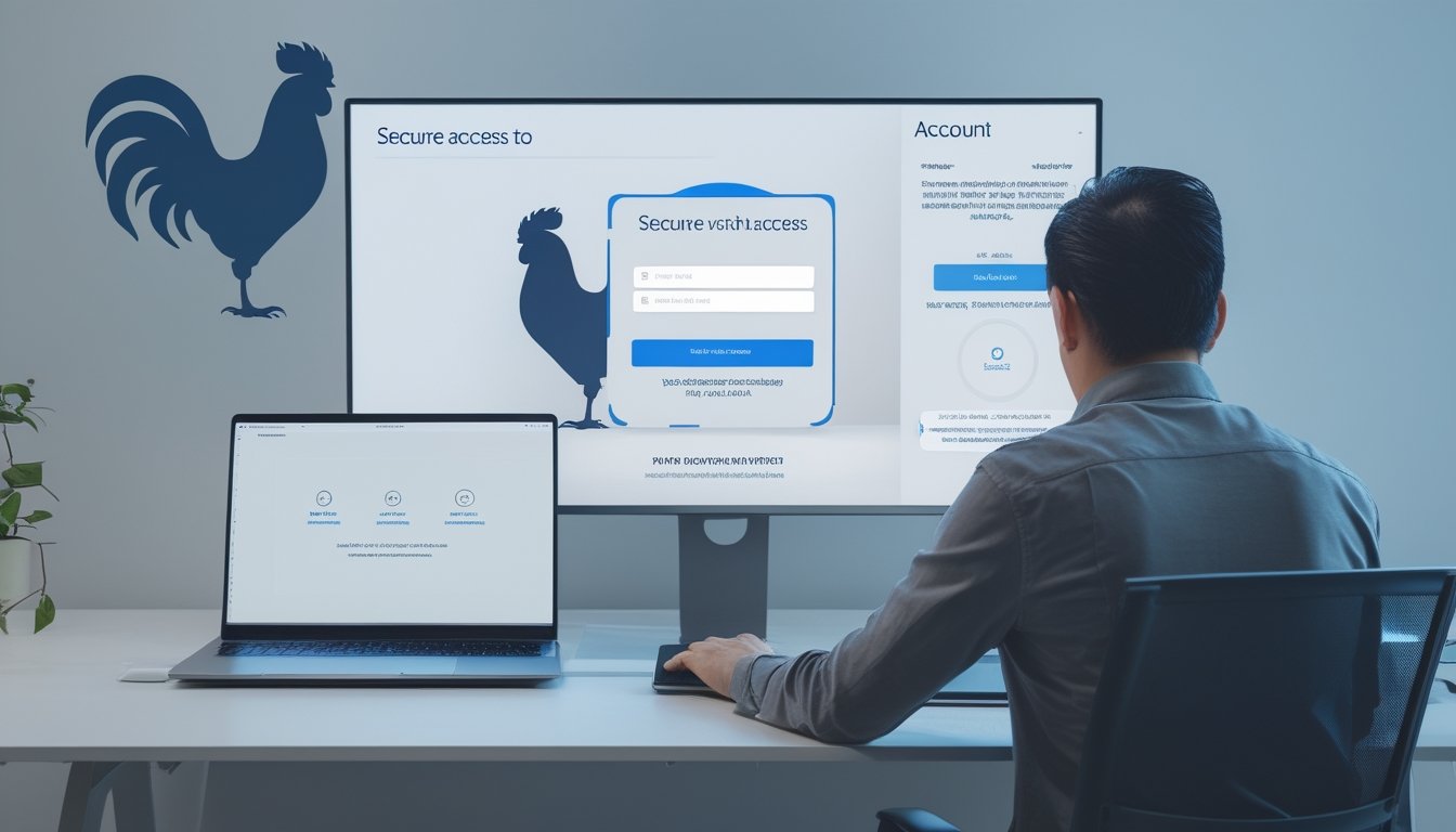Seseorang menggunakan laptop dan ponsel untuk mengakses platform hiburan digital dengan simbol keamanan dan siluet ayam di latar belakang.