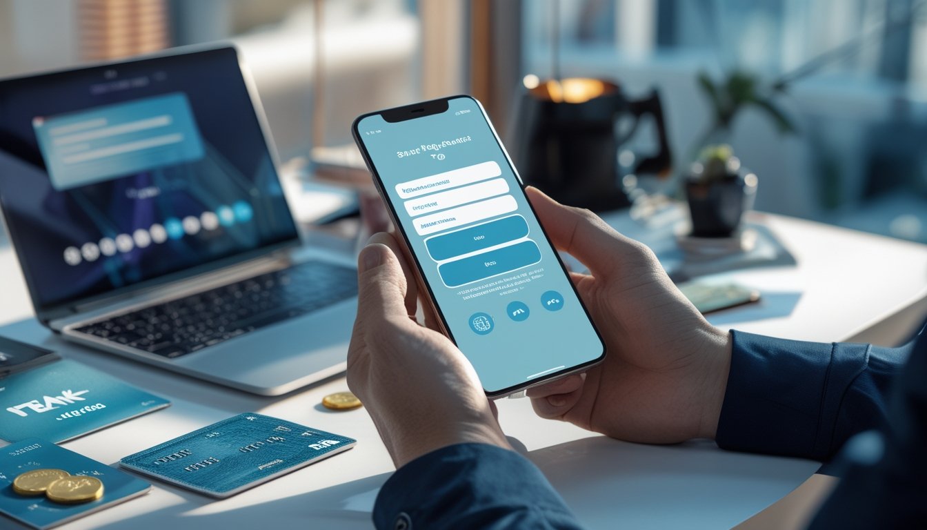Tangan seseorang menggunakan ponsel untuk membuat akun digital di meja kerja dengan laptop, simbol gembok, kartu bank, dan koin.