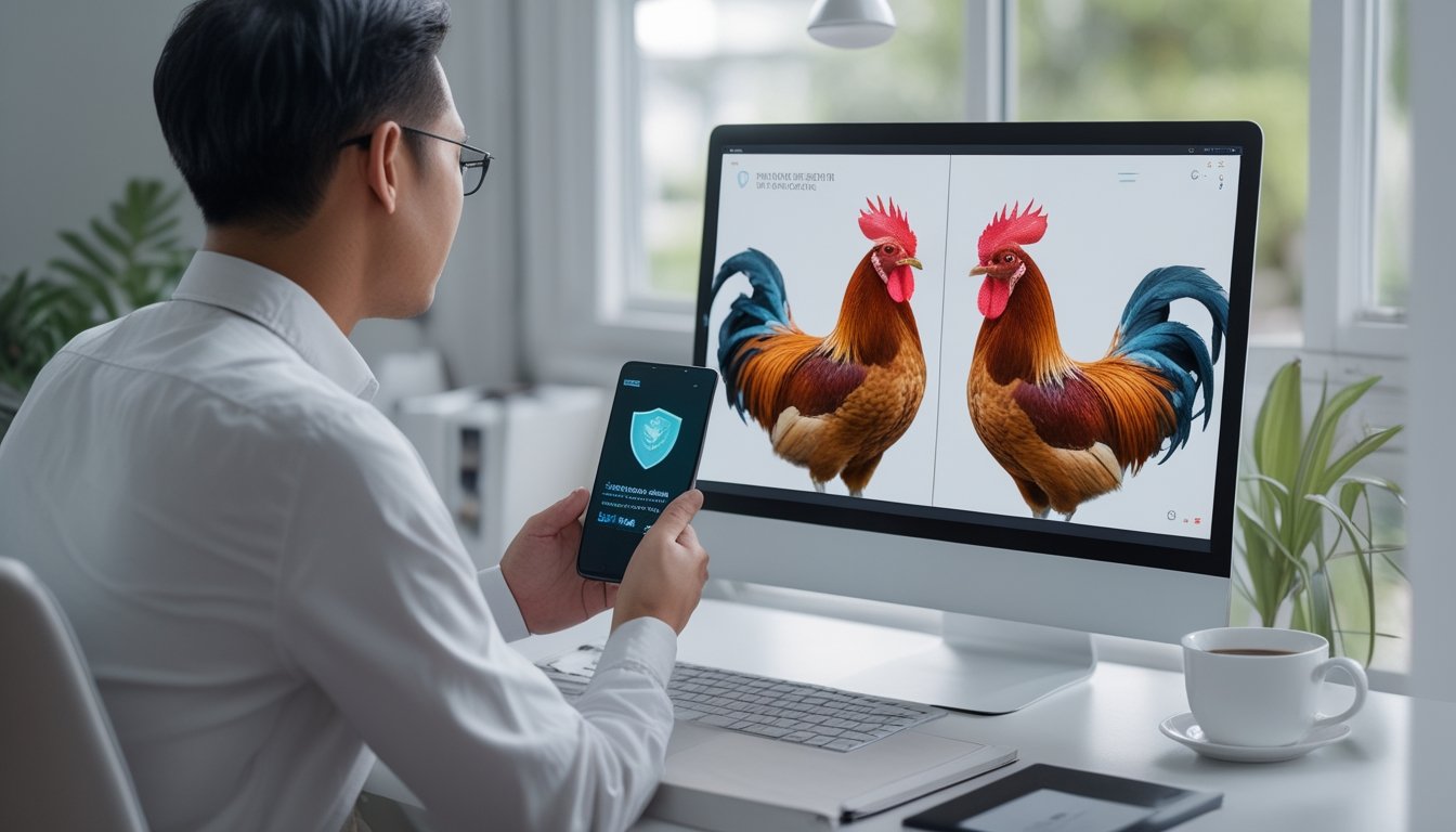 Seseorang melihat situs web umum di laptop dan ponsel di meja kerja, dengan gambar dua ayam jantan yang sehat.