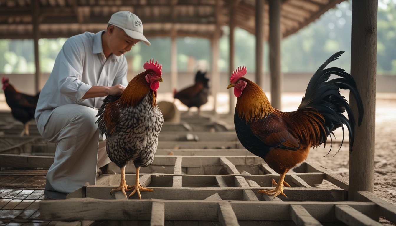 Seorang pawang memeriksa ayam jantan sehat di area arena tradisional.
