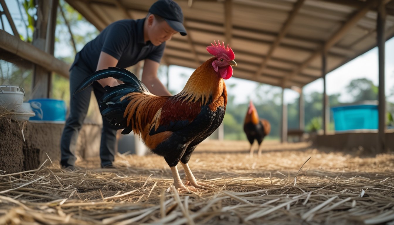Seorang pemerhati memeriksa kondisi fisik ayam jantan yang sehat di lingkungan pedesaan yang bersih.
