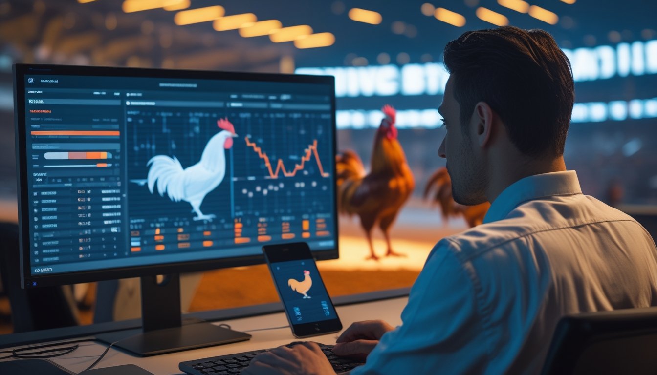 Seorang analis memeriksa grafik data pertandingan bertema ayam jantan di ruang kerja modern.