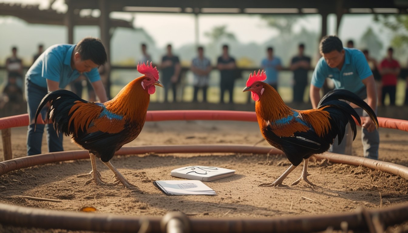 Dua ayam jantan berada di arena pertandingan dengan beberapa pawang dan penonton di sekitarnya.