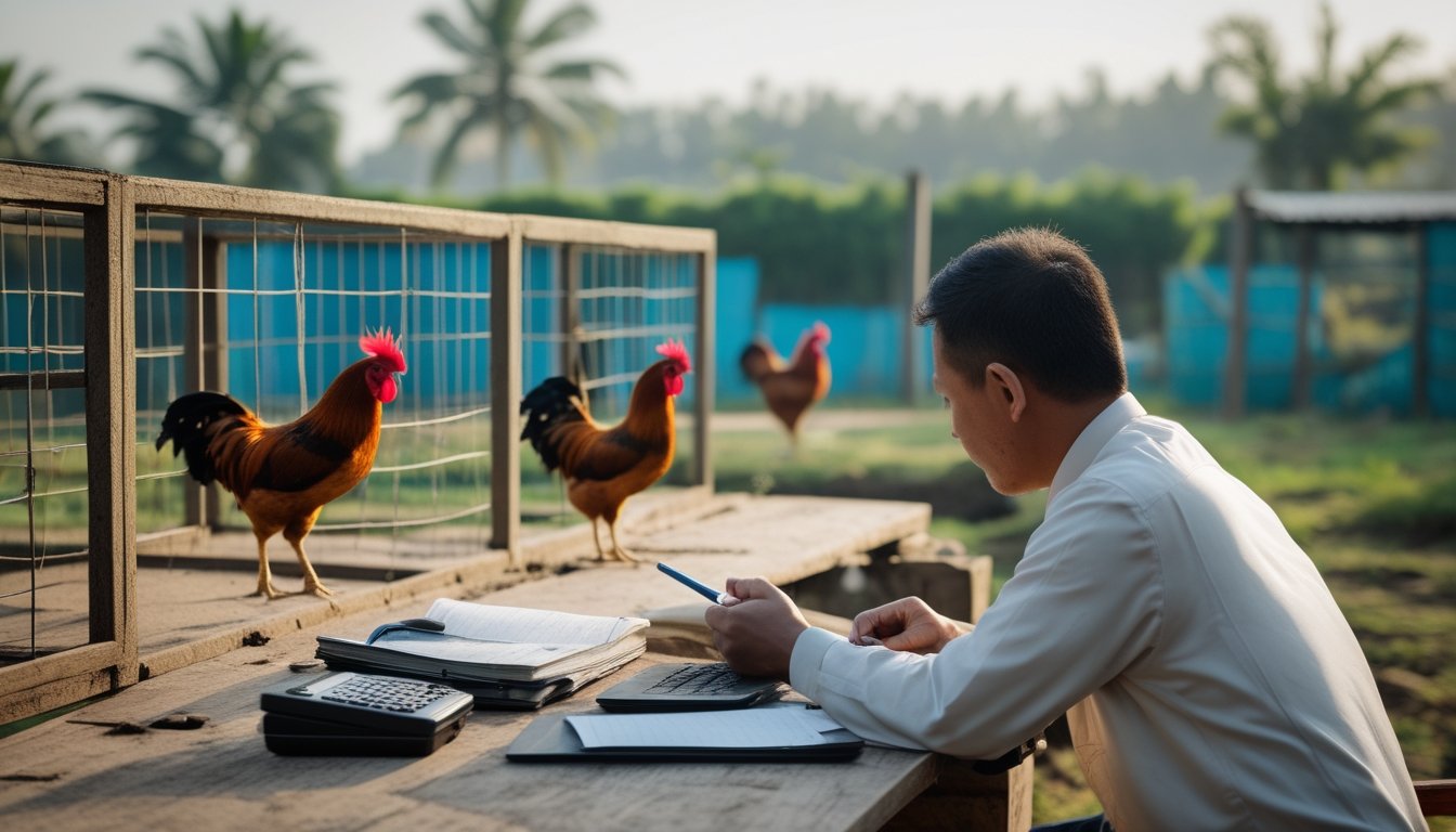 Seorang pengamat menilai dua ayam jantan dalam kandang terpisah sambil mencatat di meja di lingkungan pedesaan.