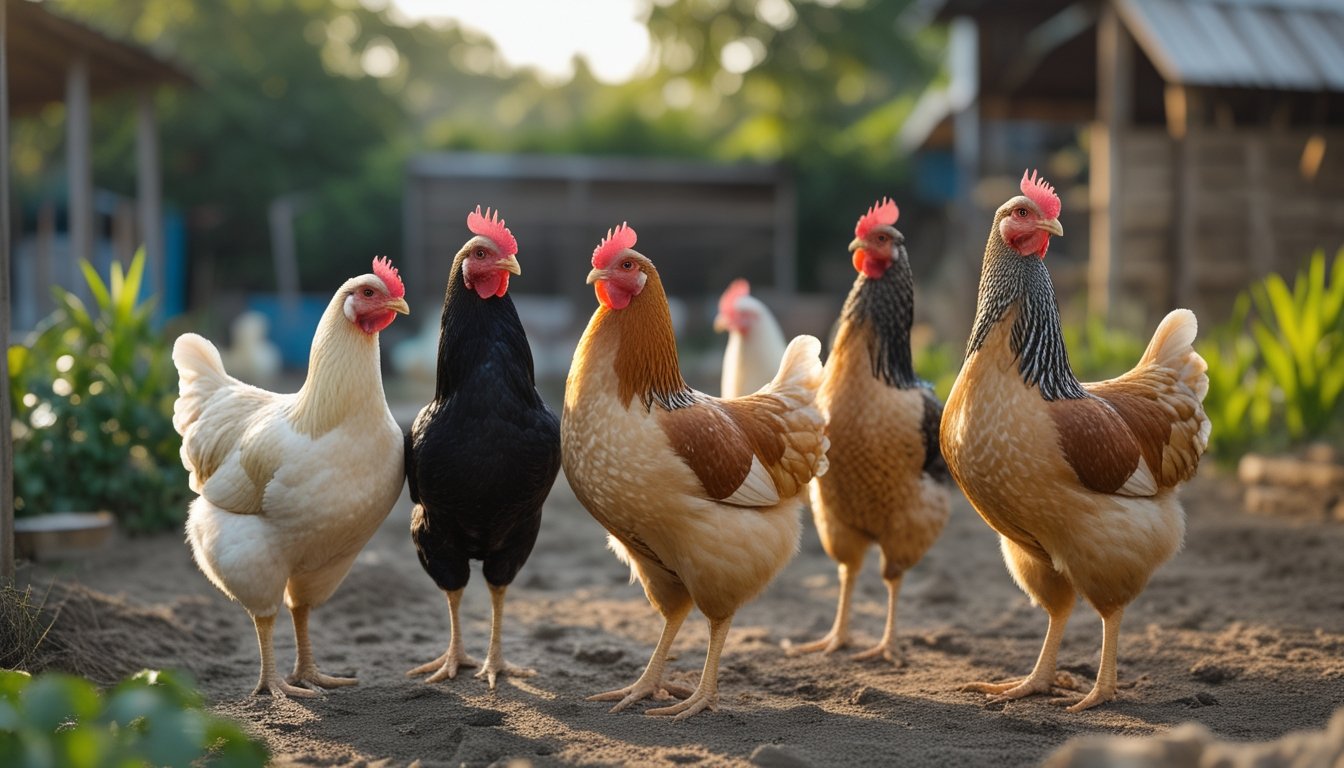 Beberapa ayam Bangkok dengan warna bulu beragam berdiri tenang di halaman peternakan yang rapi.