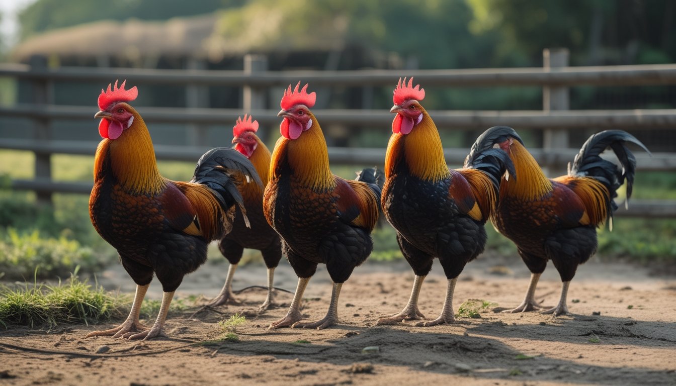 Beberapa ayam Bangkok sehat berdiri di kandang peternakan yang bersih dengan latar pepohonan.
