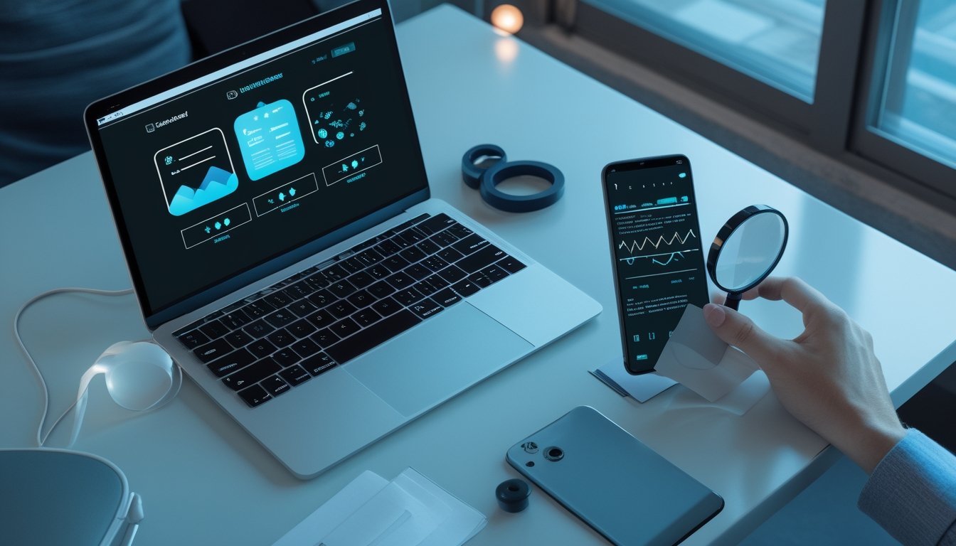 Laptop dan ponsel menampilkan antarmuka digital abstrak di atas meja kerja modern.