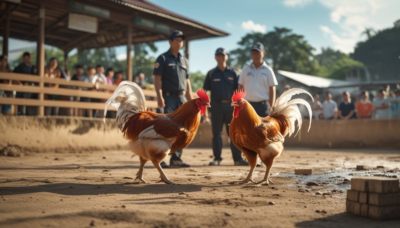 Dua ayam jantan sehat ditangani oleh pawang di arena pedesaan yang tertata, sementara penonton mengamati dari jarak aman.