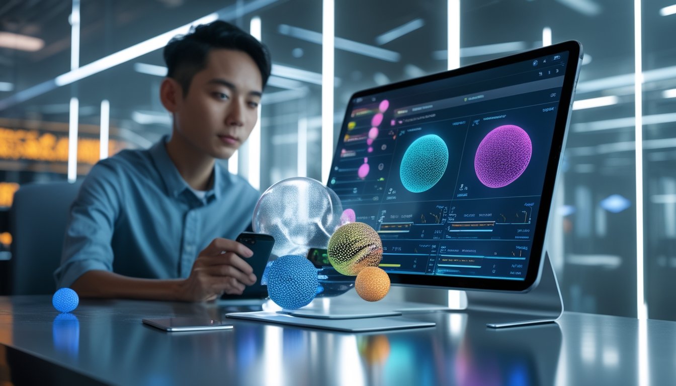 Seseorang menganalisis visualisasi data 3D pada perangkat digital di ruang kerja modern.