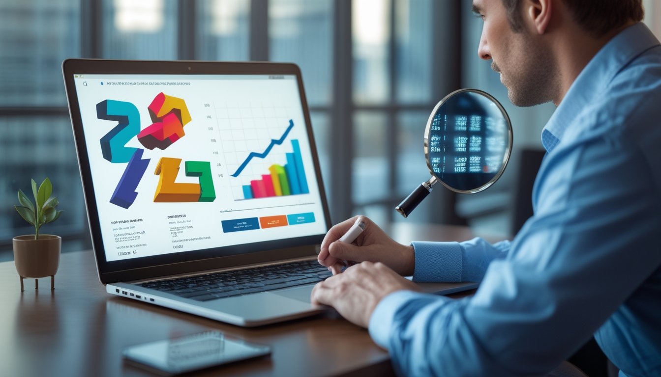 Seorang analis memeriksa aplikasi analisis angka pada laptop dan ponsel di meja kerja.