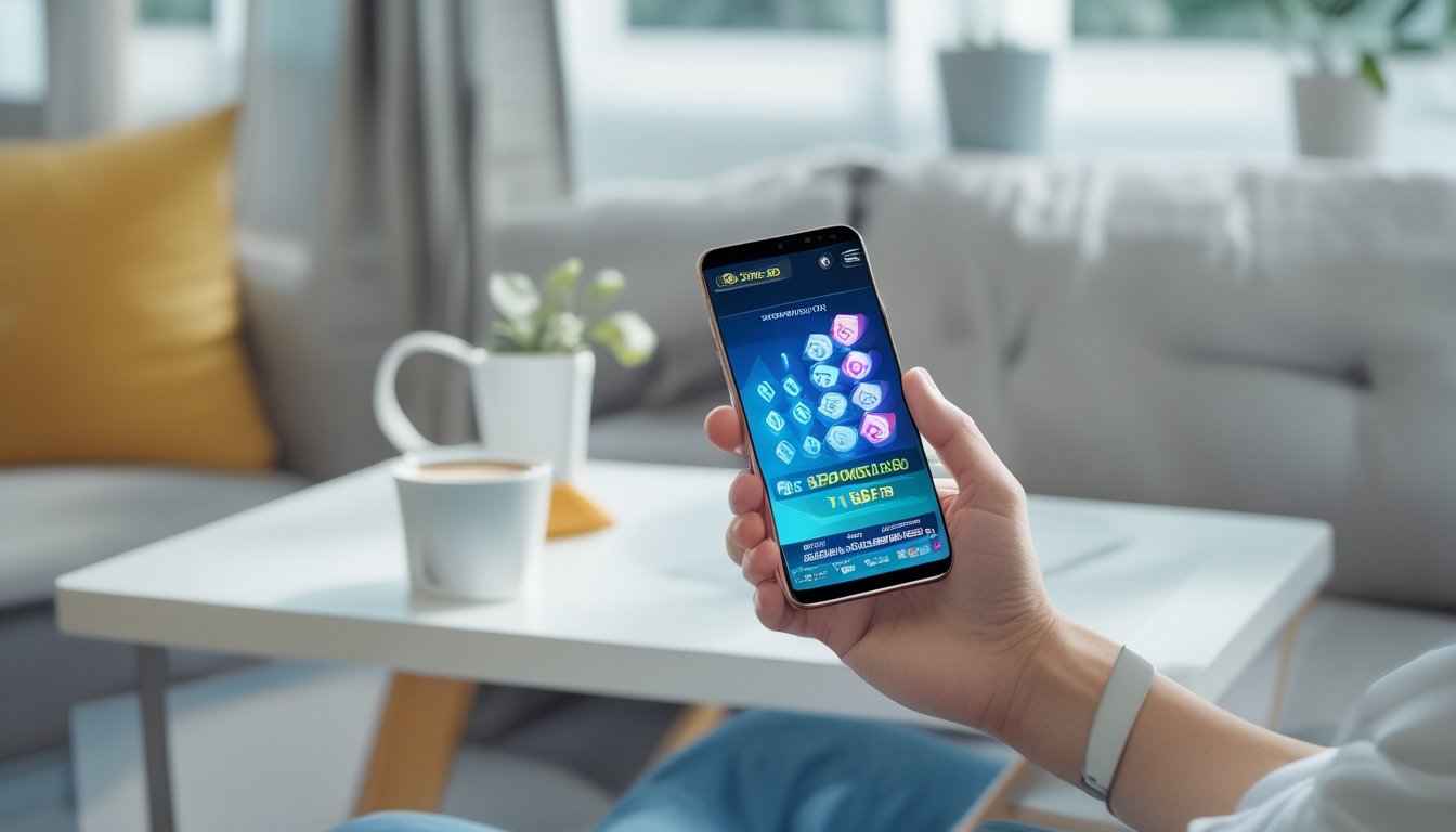 Seseorang menggunakan ponsel Android untuk bermain permainan angka di rumah.