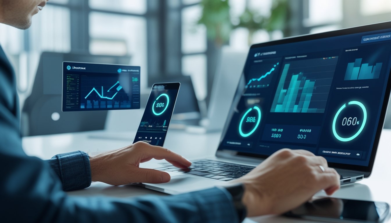 Seseorang memeriksa data waktu nyata pada laptop dan ponsel di ruang kerja modern.