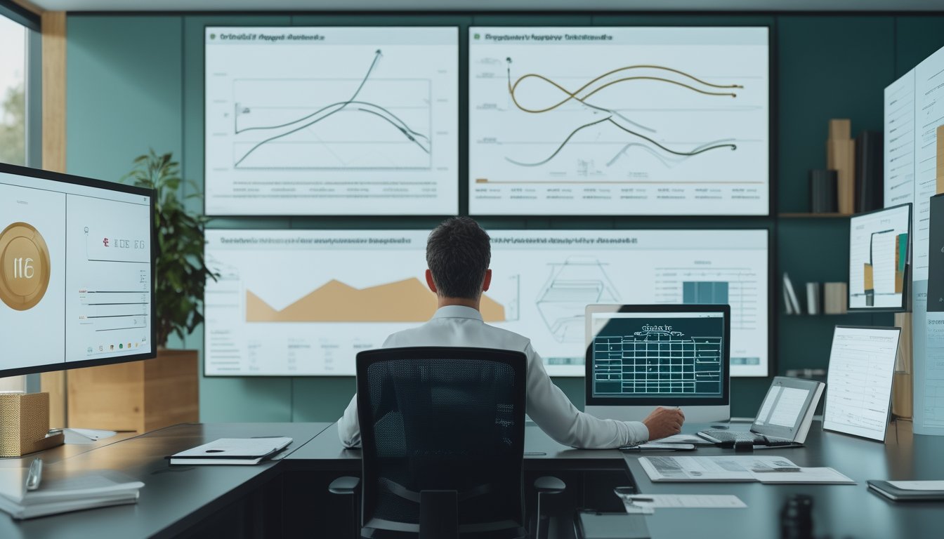 Seorang analis membandingkan data pasar melalui grafik abstrak di ruang kerja modern.