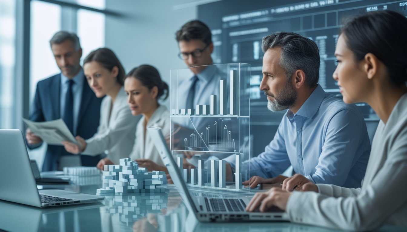 Para profesional menganalisis data dan dokumen transparansi di kantor modern.