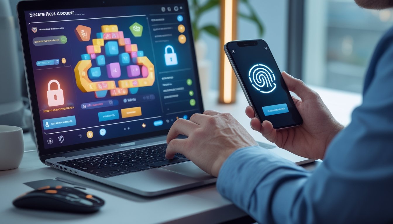 Seseorang memeriksa akun dan transaksi permainan online dengan laptop dan ponsel yang dilengkapi simbol keamanan digital.
