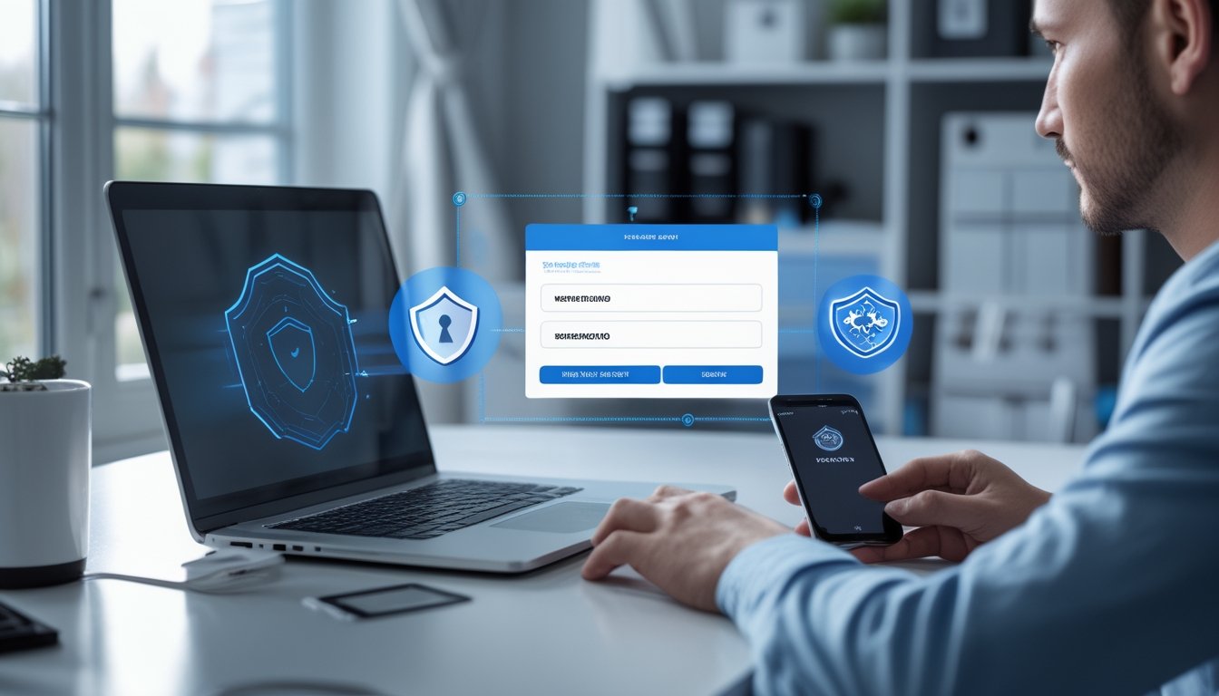 Seseorang memeriksa keamanan akun dan transaksi online di laptop dengan simbol gembok dan perisai.