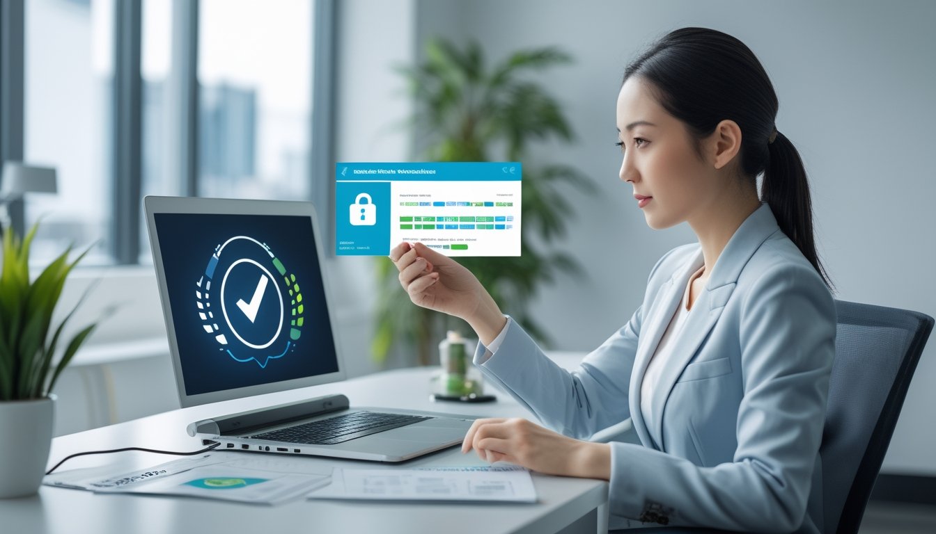 Seorang profesional memeriksa status verifikasi platform digital dengan dokumen kepatuhan dan simbol keamanan di meja kerja.