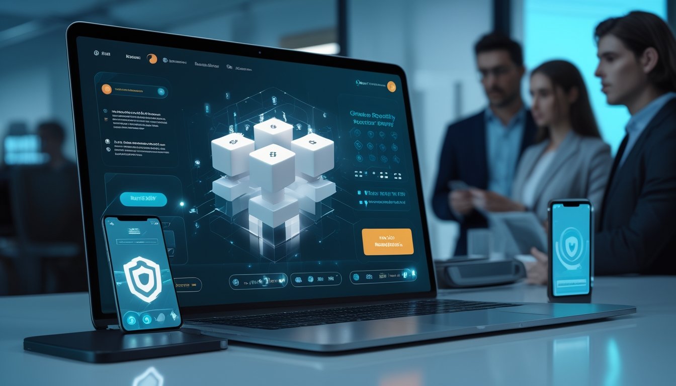 Tim profesional memeriksa platform digital aman dengan tampilan angka tiga dimensi di ruang kerja modern.