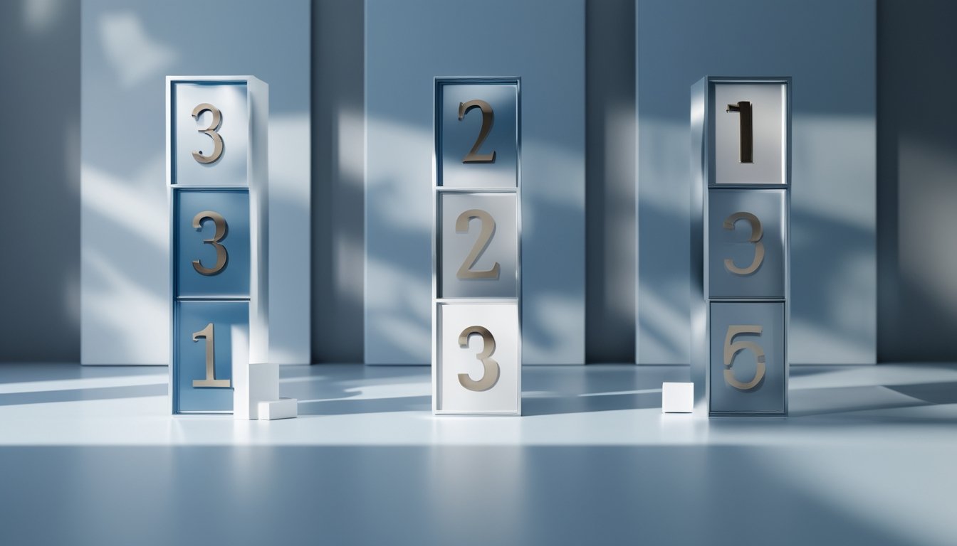 Tiga kelompok keping angka yang menggambarkan format dua digit, tiga digit, dan empat digit.