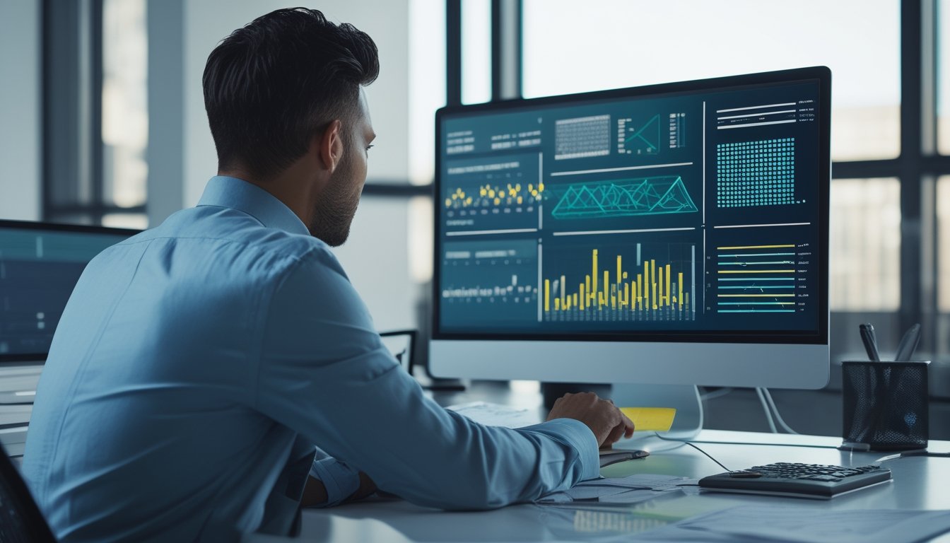 Seorang analis mempelajari pola angka dan grafik data abstrak di meja kerja modern.