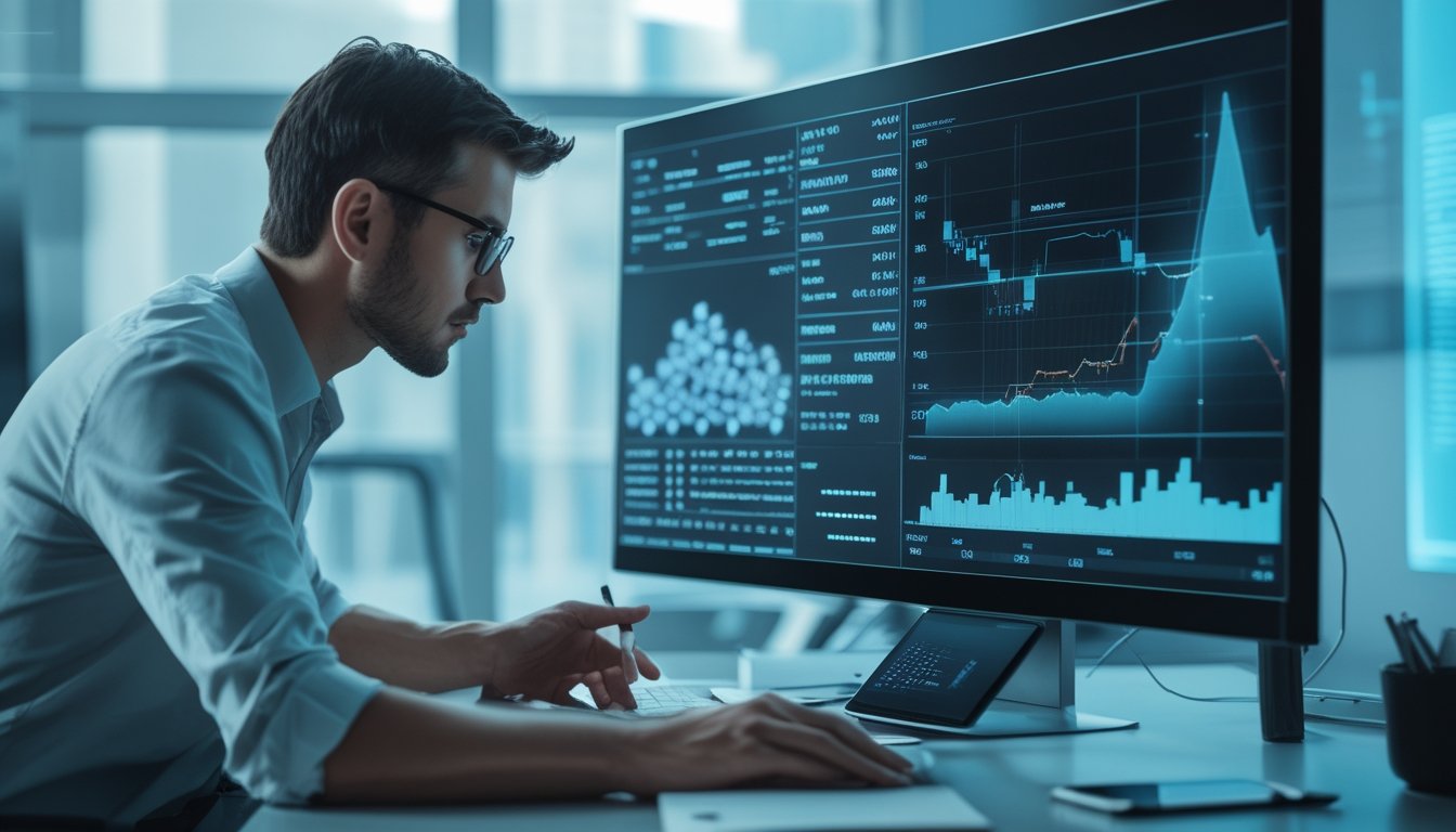 Analis sedang memeriksa grafik probabilitas dan batas prediksi di ruang kerja modern.