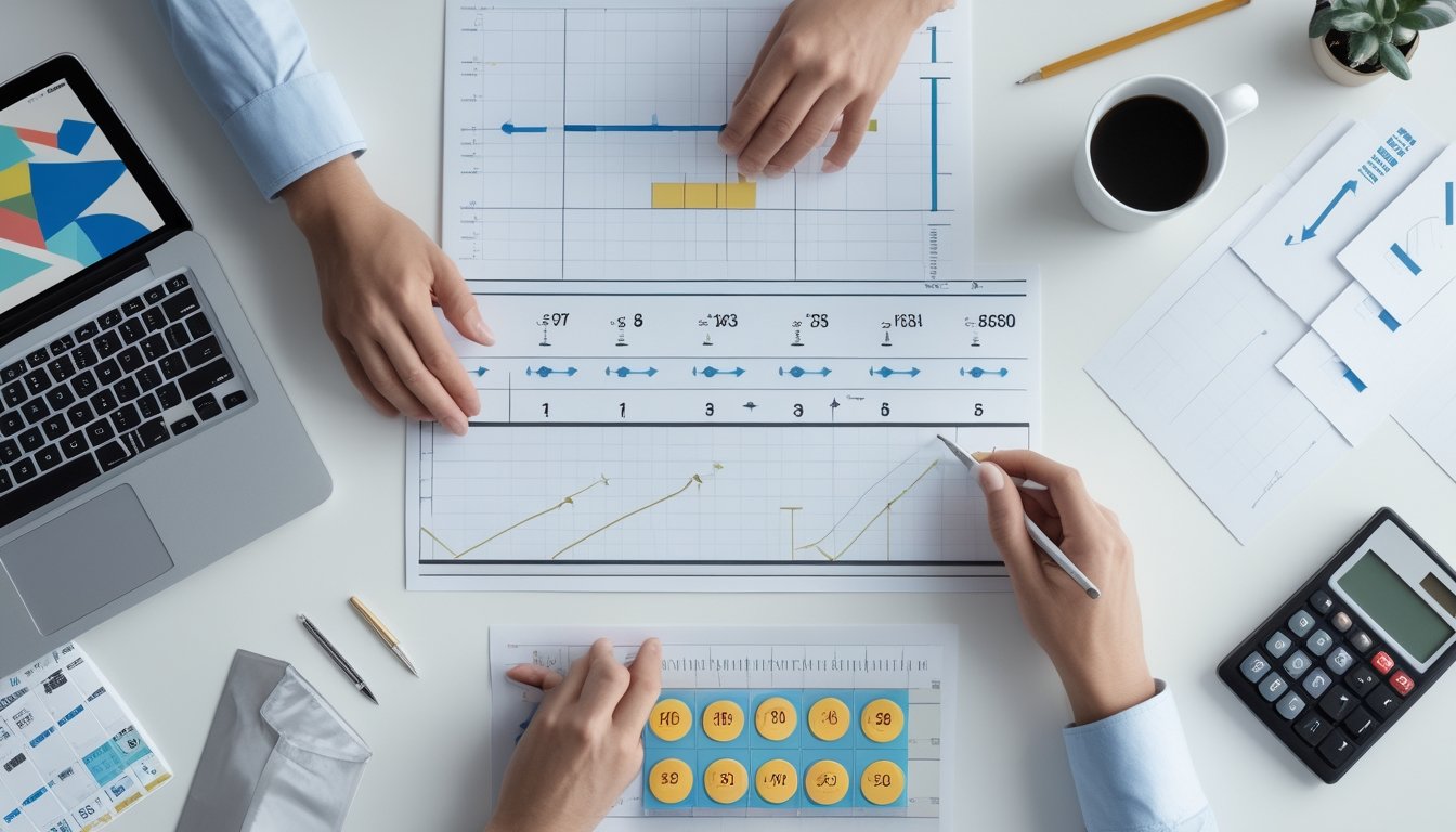 Tangan sedang menganalisis susunan angka tiga digit di meja kerja dengan grafik dan alat tulis.