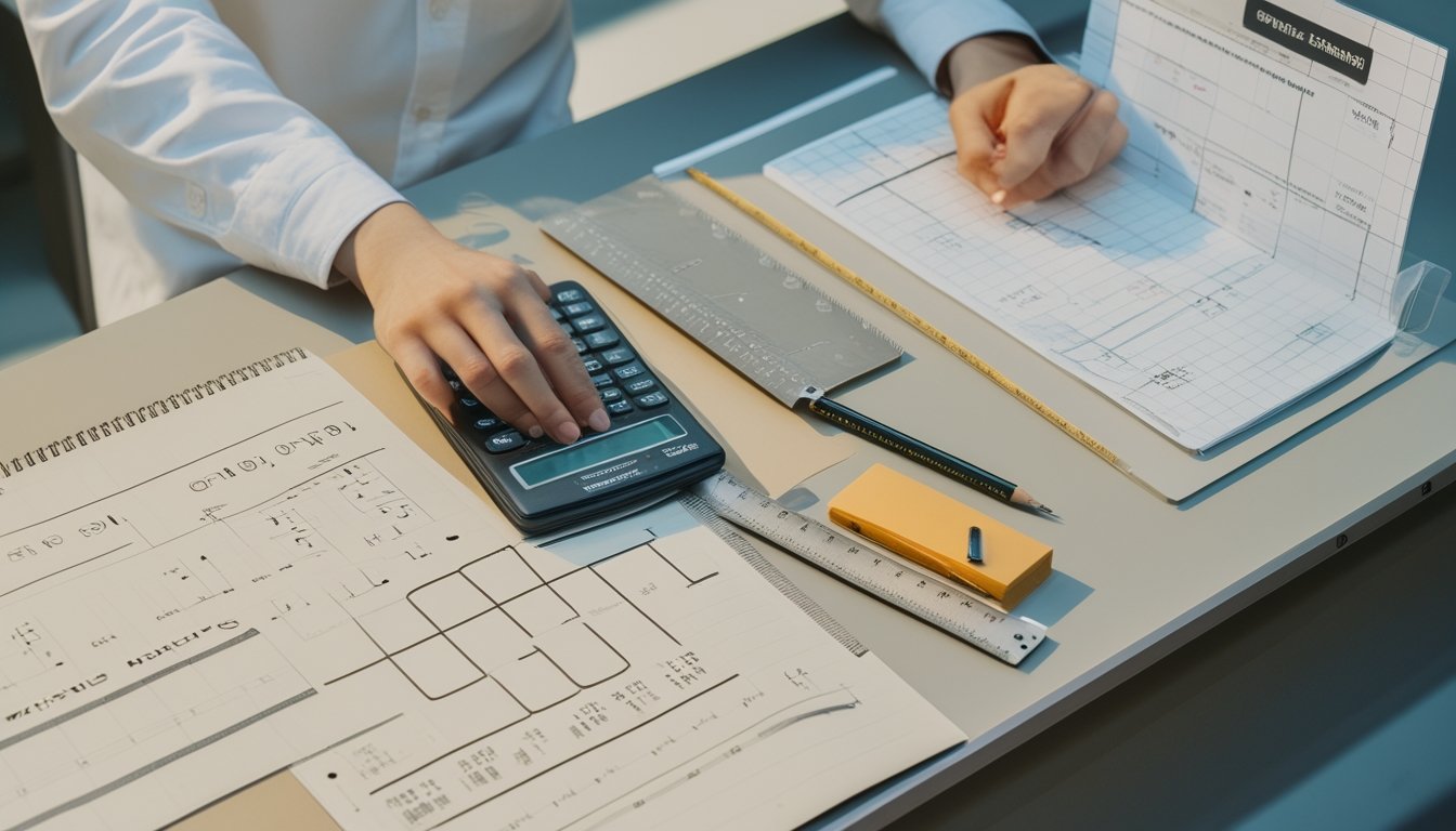 Tangan sedang menganalisis pola data tiga digit di meja kerja dengan kartu angka, grafik, dan laptop.